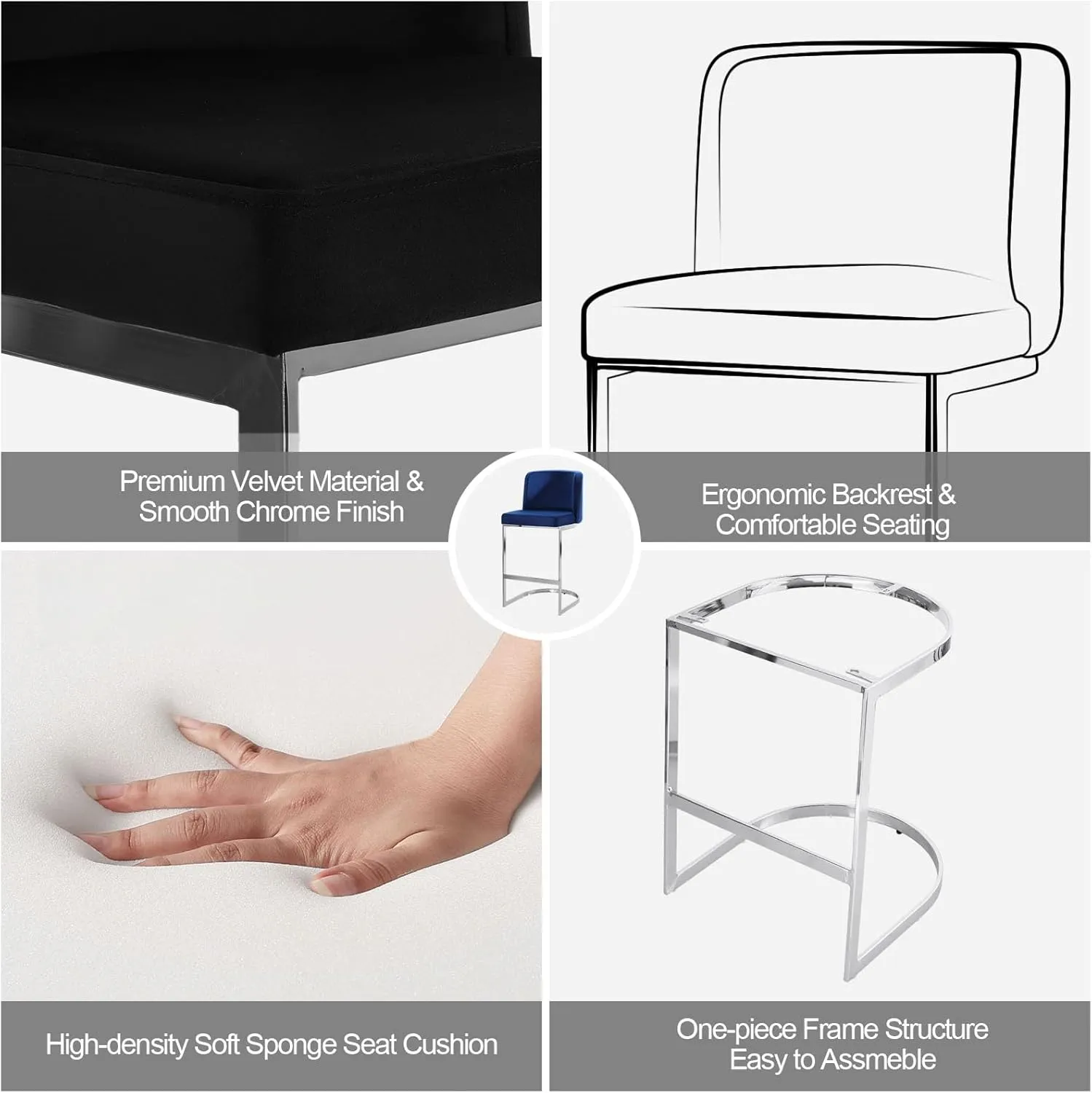 Counter Height 26" Bar Stools Modern Velvet Barstools with Back and C-Shaped Metal Frame, Upholstered Bar Chairs Counter Stool for Kitchen Island, Home Bar, Pub, Black