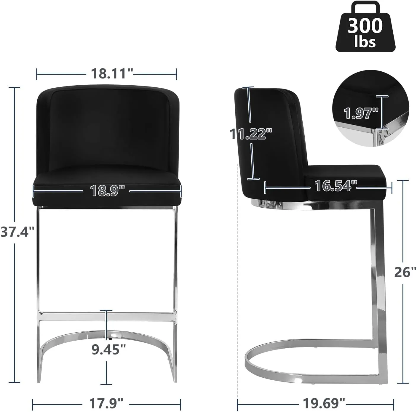 Counter Height 26" Bar Stools Modern Velvet Barstools with Back and C-Shaped Metal Frame, Upholstered Bar Chairs Counter Stool for Kitchen Island, Home Bar, Pub, Black