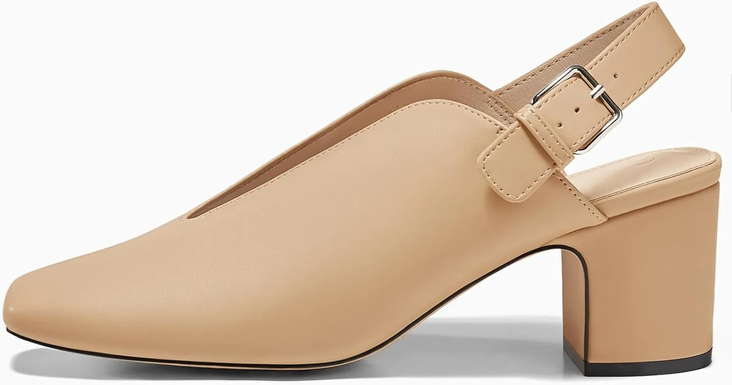 Coutgo Womens Chunky Block Slingback Heels Closed Square Toe V Cut Metal Buckle Comfortable Office Dress Pumps Shoes
