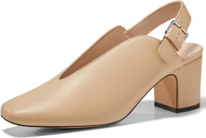 Coutgo Womens Chunky Block Slingback Heels Closed Square Toe V Cut Metal Buckle Comfortable Office Dress Pumps Shoes