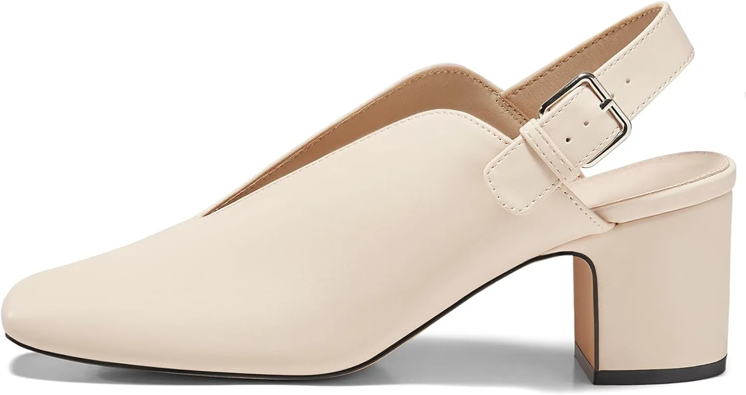 Coutgo Womens Chunky Block Slingback Heels Closed Square Toe V Cut Metal Buckle Comfortable Office Dress Pumps Shoes