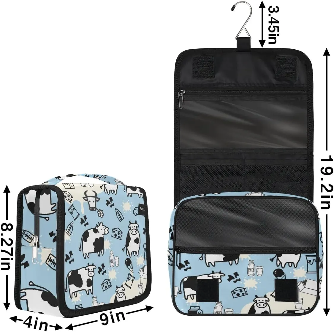 Cow Milk Hanging Travel Toiletry Bag - Waterproof Organizer Makeup Bag with Sturdy Hook, Toiletries Portable Cosmetic Bag, Large Capacity Toiletry Kit for Women Men