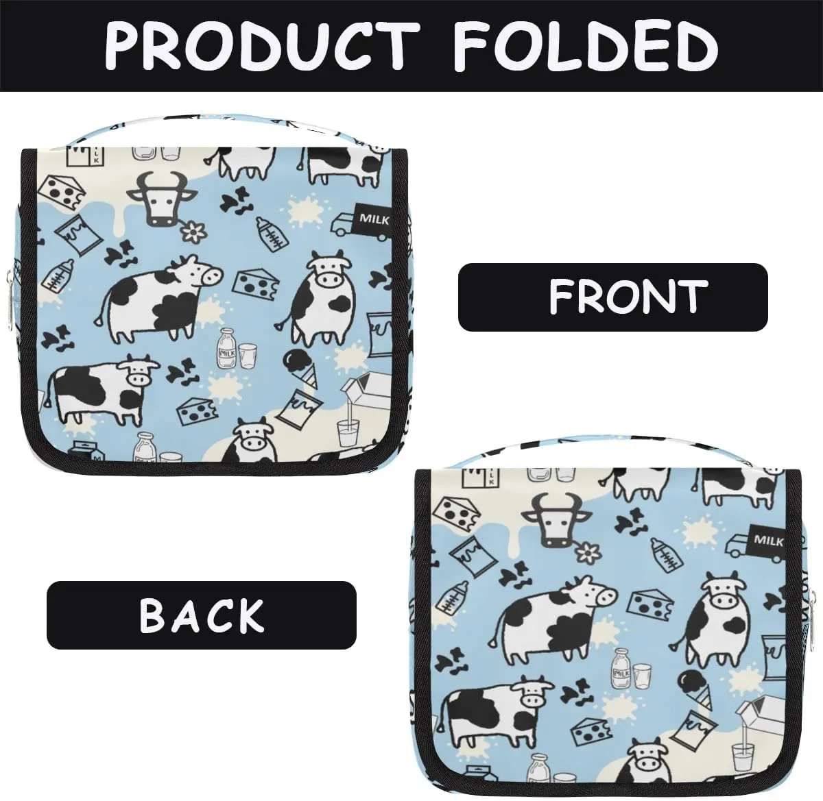 Cow Milk Hanging Travel Toiletry Bag - Waterproof Organizer Makeup Bag with Sturdy Hook, Toiletries Portable Cosmetic Bag, Large Capacity Toiletry Kit for Women Men
