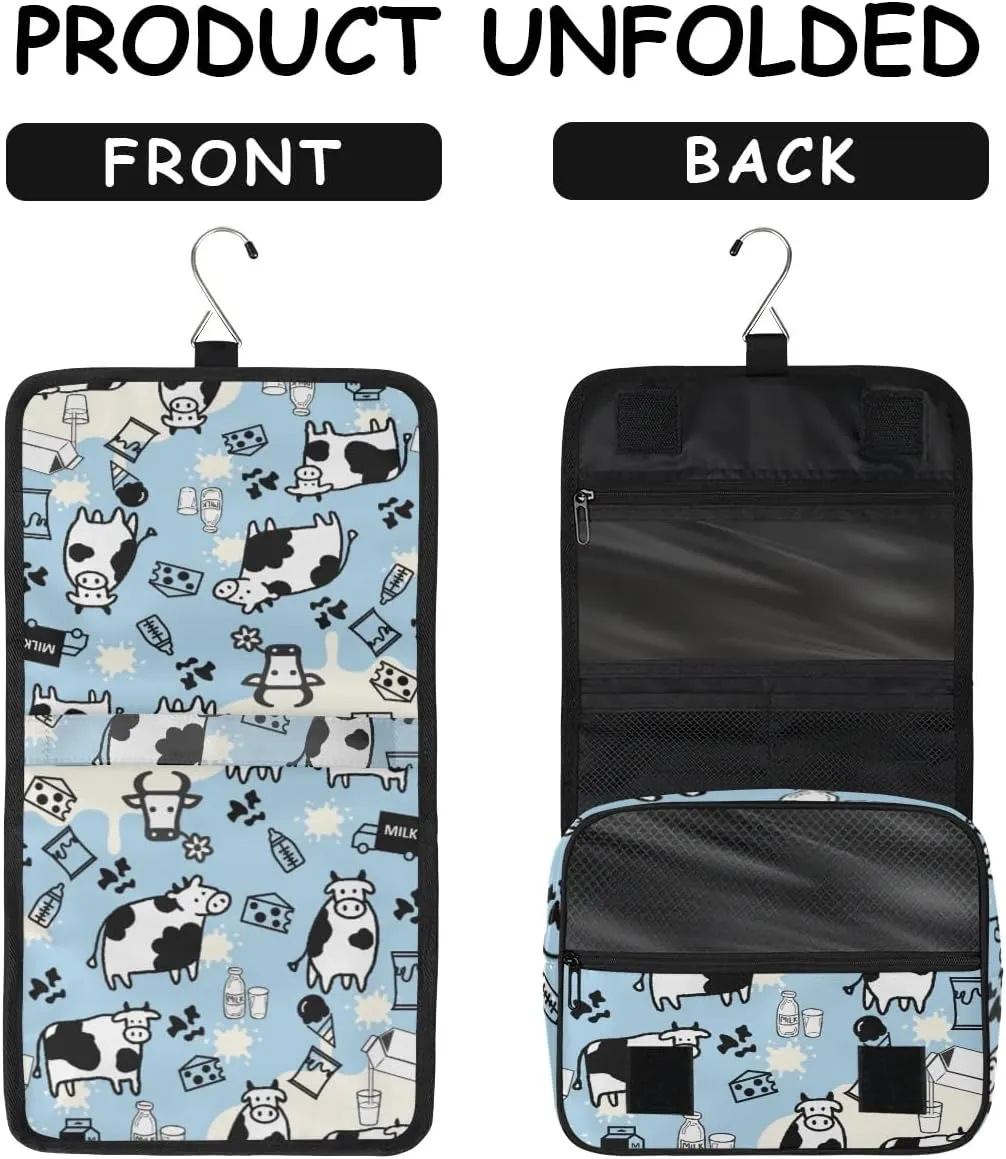 Cow Milk Hanging Travel Toiletry Bag - Waterproof Organizer Makeup Bag with Sturdy Hook, Toiletries Portable Cosmetic Bag, Large Capacity Toiletry Kit for Women Men