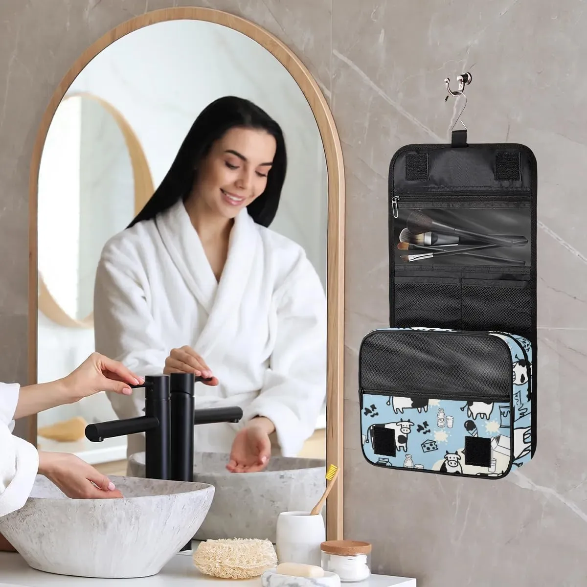 Cow Milk Hanging Travel Toiletry Bag - Waterproof Organizer Makeup Bag with Sturdy Hook, Toiletries Portable Cosmetic Bag, Large Capacity Toiletry Kit for Women Men