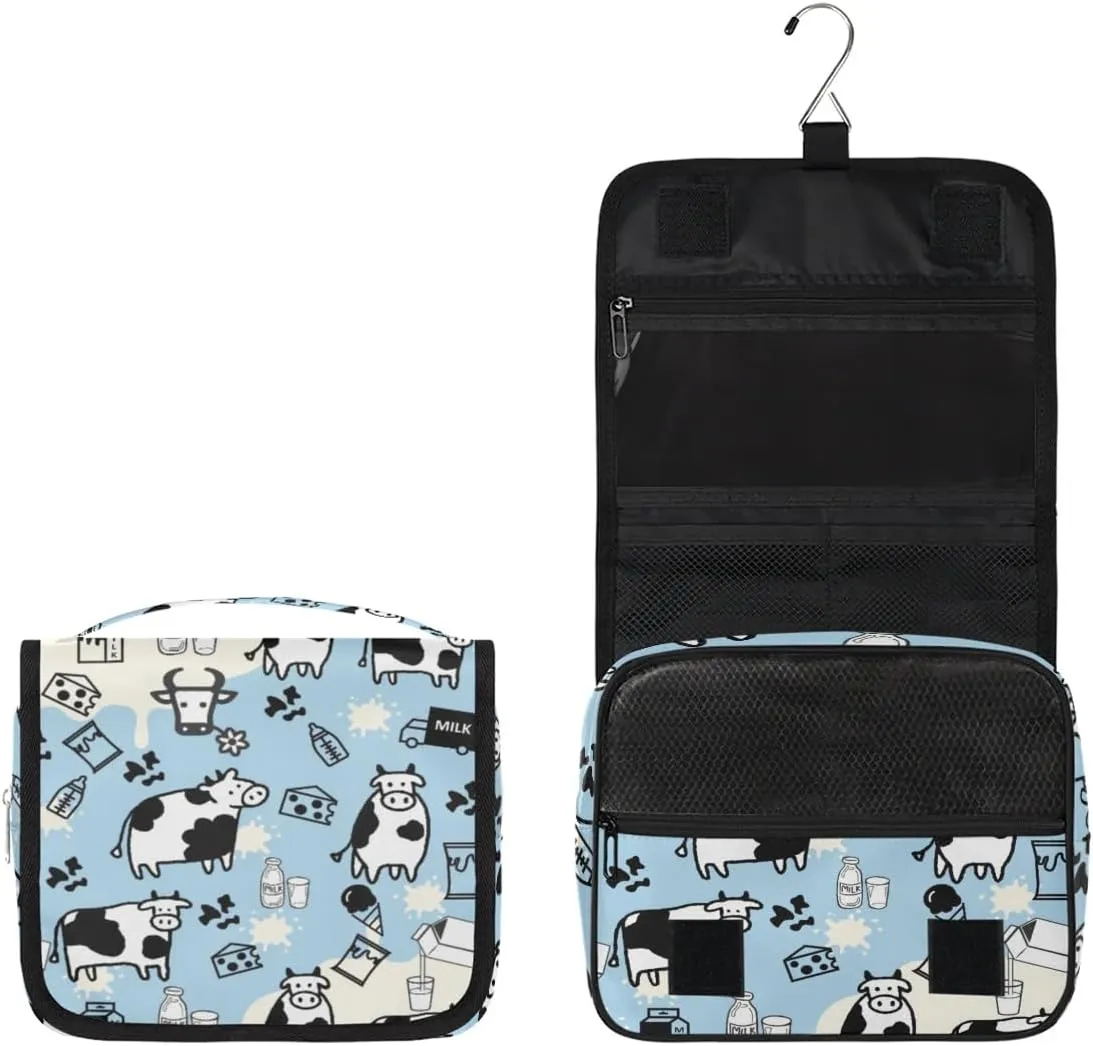 Cow Milk Hanging Travel Toiletry Bag - Waterproof Organizer Makeup Bag with Sturdy Hook, Toiletries Portable Cosmetic Bag, Large Capacity Toiletry Kit for Women Men
