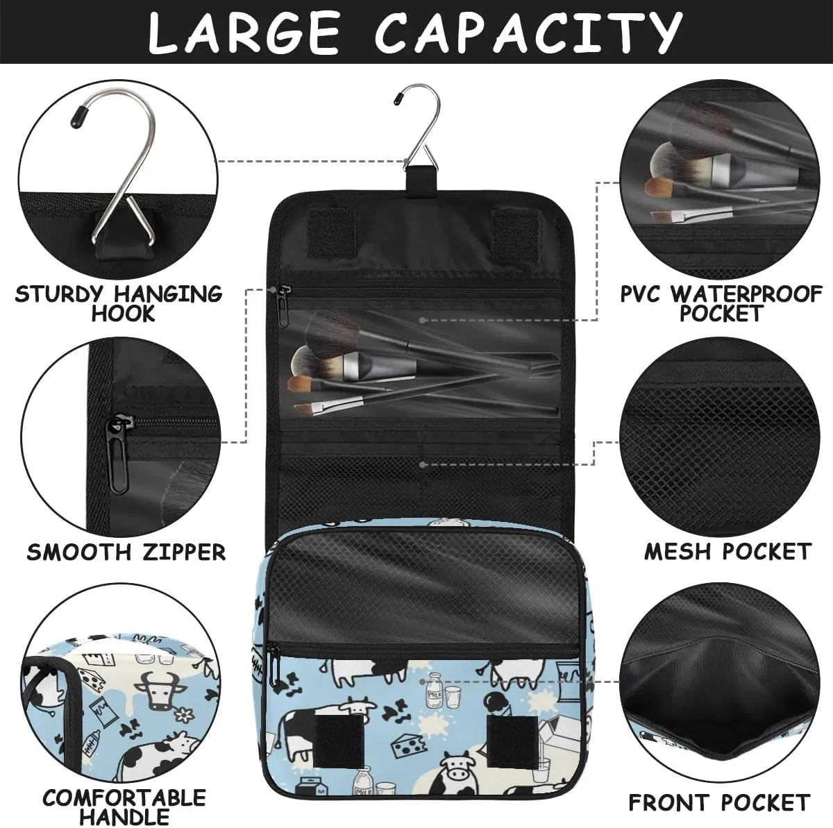Cow Milk Hanging Travel Toiletry Bag - Waterproof Organizer Makeup Bag with Sturdy Hook, Toiletries Portable Cosmetic Bag, Large Capacity Toiletry Kit for Women Men