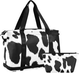 Cow Print Versatile Sports Travel Bag - Lasting Twill Tote, Removable Wheel & Rod Bagging, Multi-pocket Design, Complimentary Makeup Bag