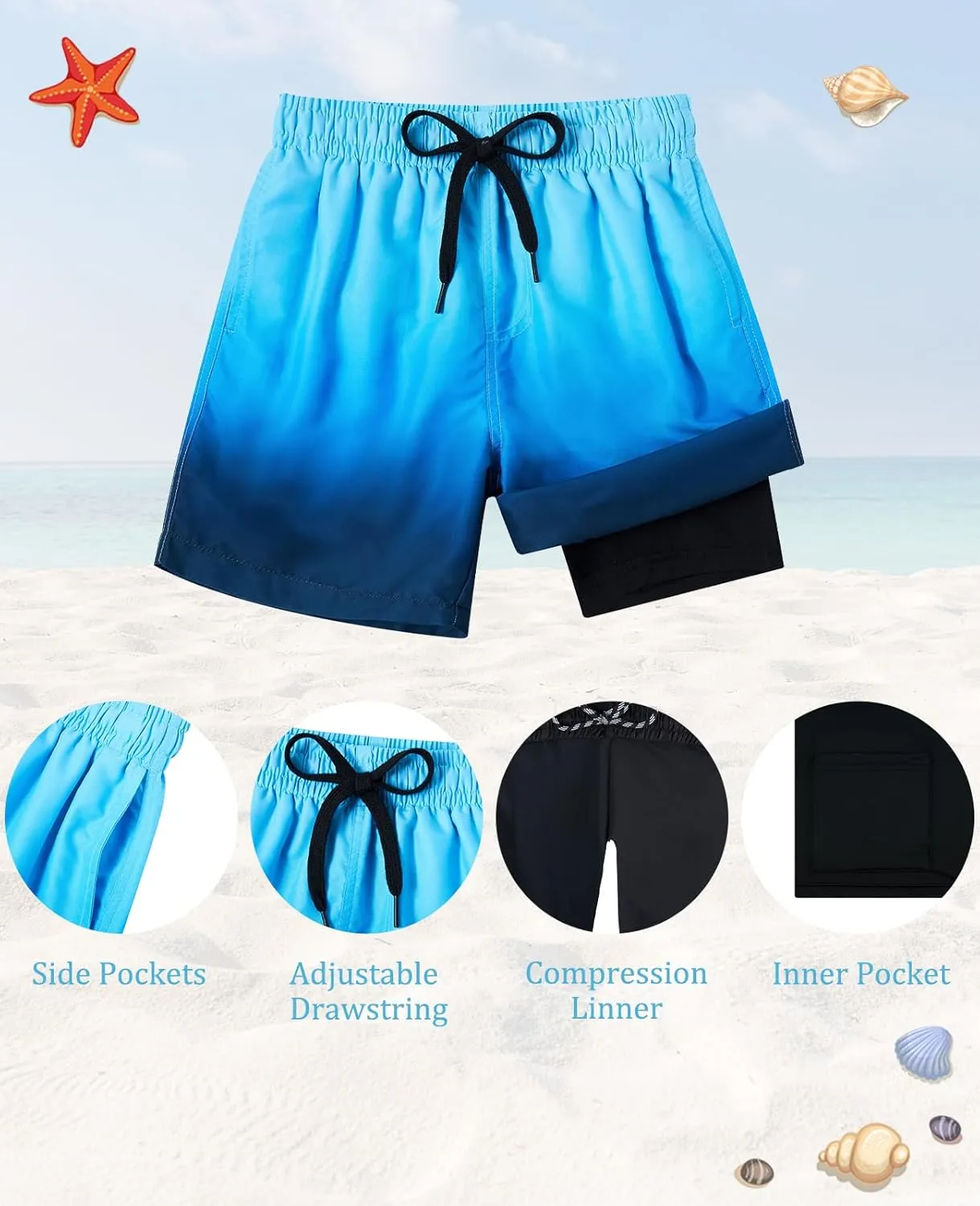 Cozople Boys Swim Trunks Quick Dry Compression Liner Swim Shorts Summer Bathing Suit with Inner Pocket Swimwear 7-20T