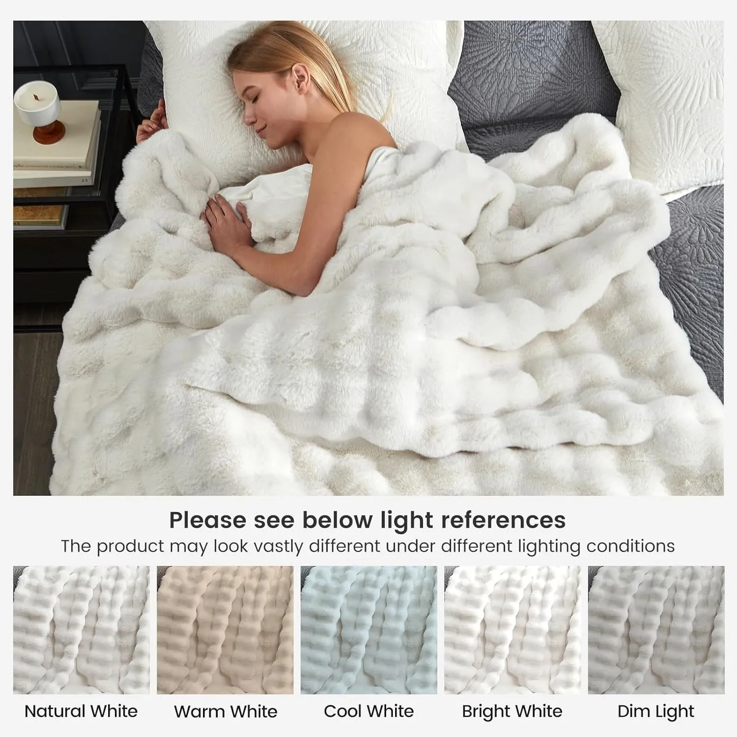 Cozy Bliss Faux Fur Throw Blanket for Couch, Fuzzy Soft Plush Thick Bubble Blanket for Sofa Bedroom Living Room, 60 * 80 Inches Cream White
