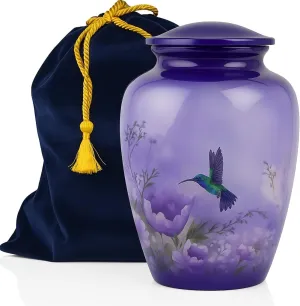 Cremation Hummingbird Urn for Human Funeral Ashes Elegant Finish Honor and Remember with Velvet Bag, 10X6 inches, Purple