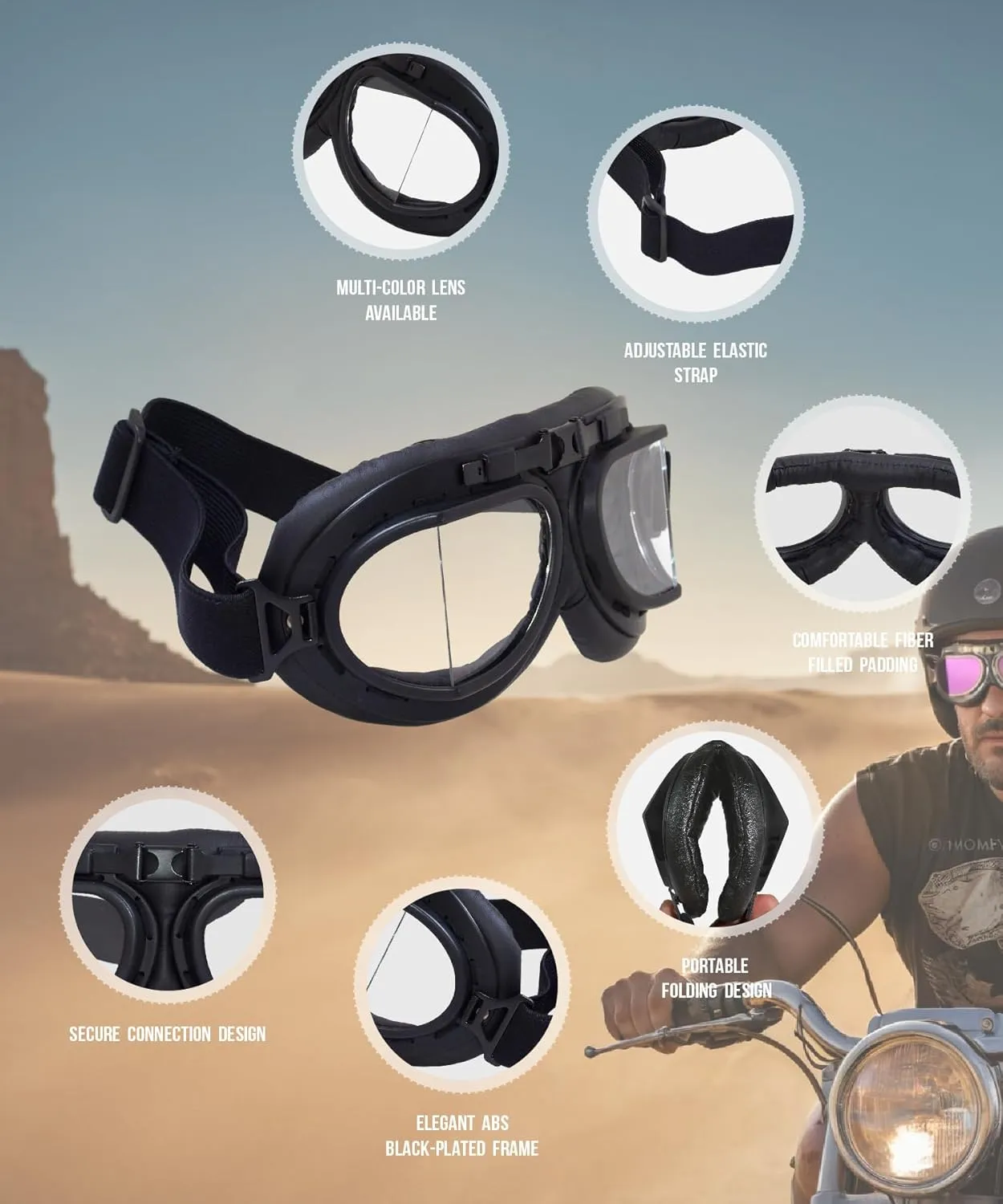 CRG Sports Motorcycle Goggle Aviator Pilot Style Cruiser Scooter Motocross Goggles for Man, Woman, Adult