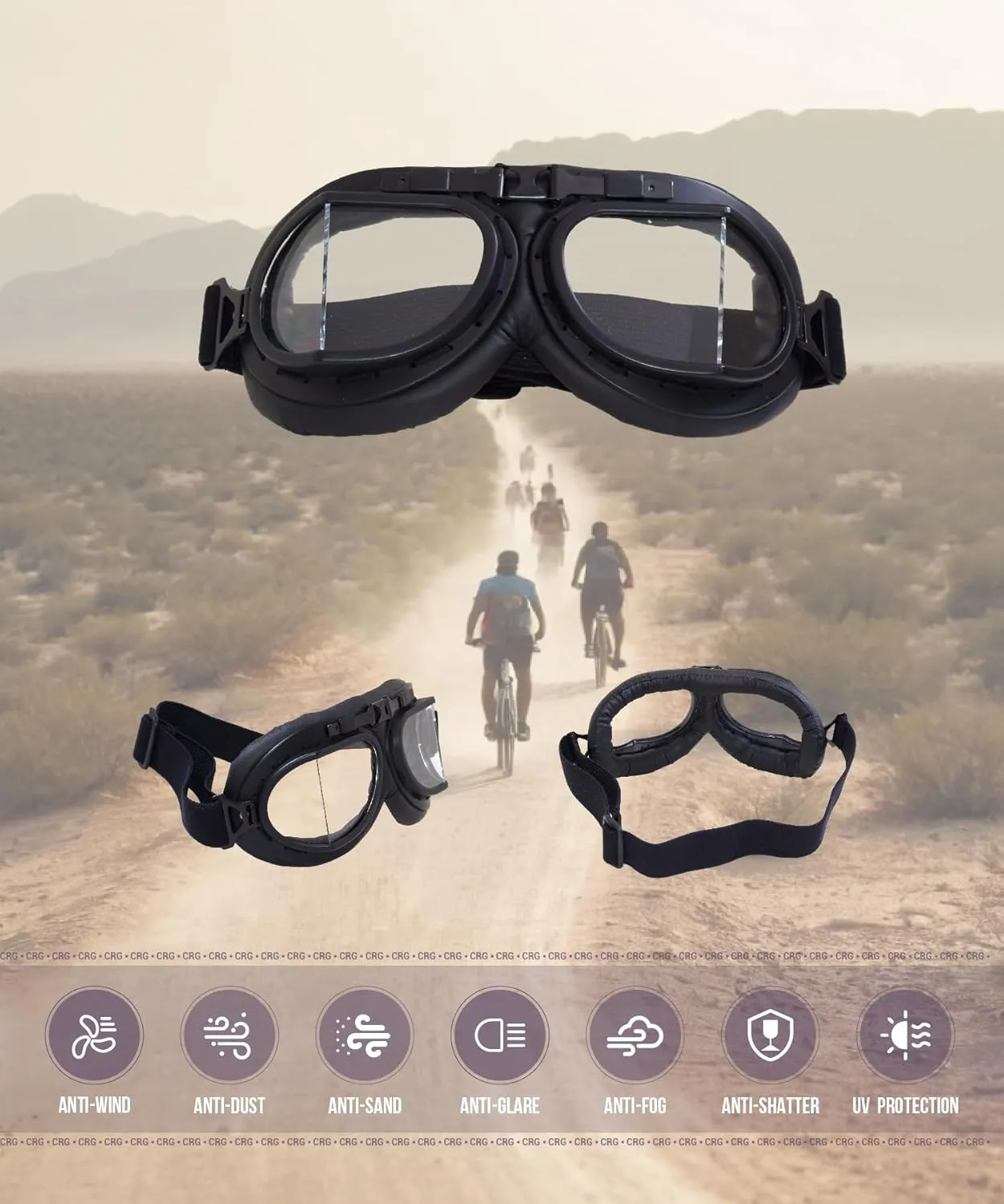 CRG Sports Motorcycle Goggle Aviator Pilot Style Cruiser Scooter Motocross Goggles for Man, Woman, Adult