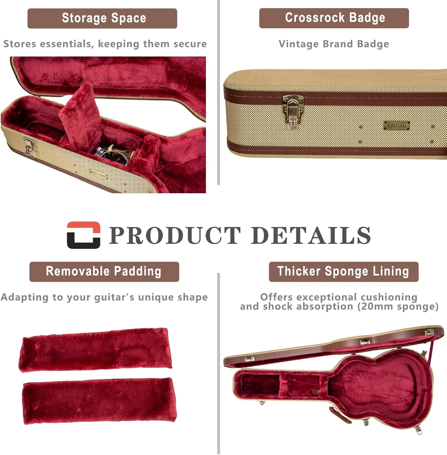 Crossrock Master Series SG Electric Guitar Case | Classic Fabric Tweed Exterior, Re-Engineered Wooden Shell, Leather Handle & Deep Red Velvet Interior