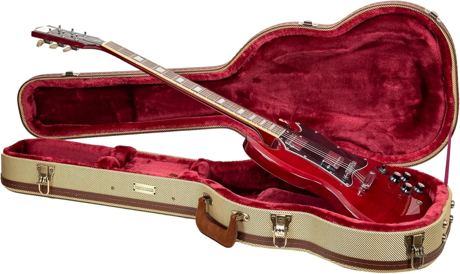 Crossrock Master Series SG Electric Guitar Case | Classic Fabric Tweed Exterior, Re-Engineered Wooden Shell, Leather Handle & Deep Red Velvet Interior