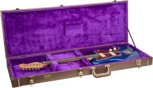 Crossrock Rectangular Wooden Electric Guitar Case for Jazzmaster & Jaguar | Chocolate Brown Finish, Purple Velvet Interior, Lock – Designer Series