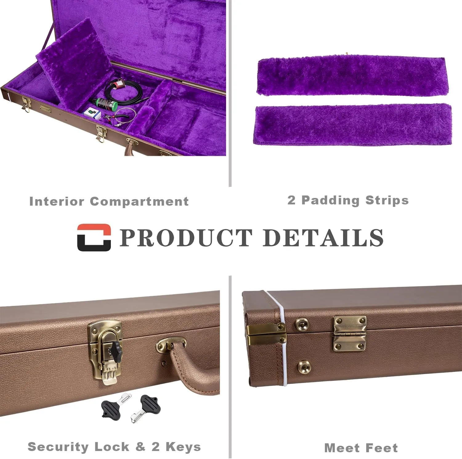 Crossrock Wooden Bass Guitar Case for Fender Precision & Jazz | Chocolate Brown Finish, Purple Velvet Interior, Lock – Designer Series