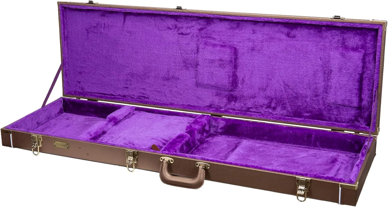 Crossrock Wooden Bass Guitar Case for Fender Precision & Jazz | Chocolate Brown Finish, Purple Velvet Interior, Lock – Designer Series
