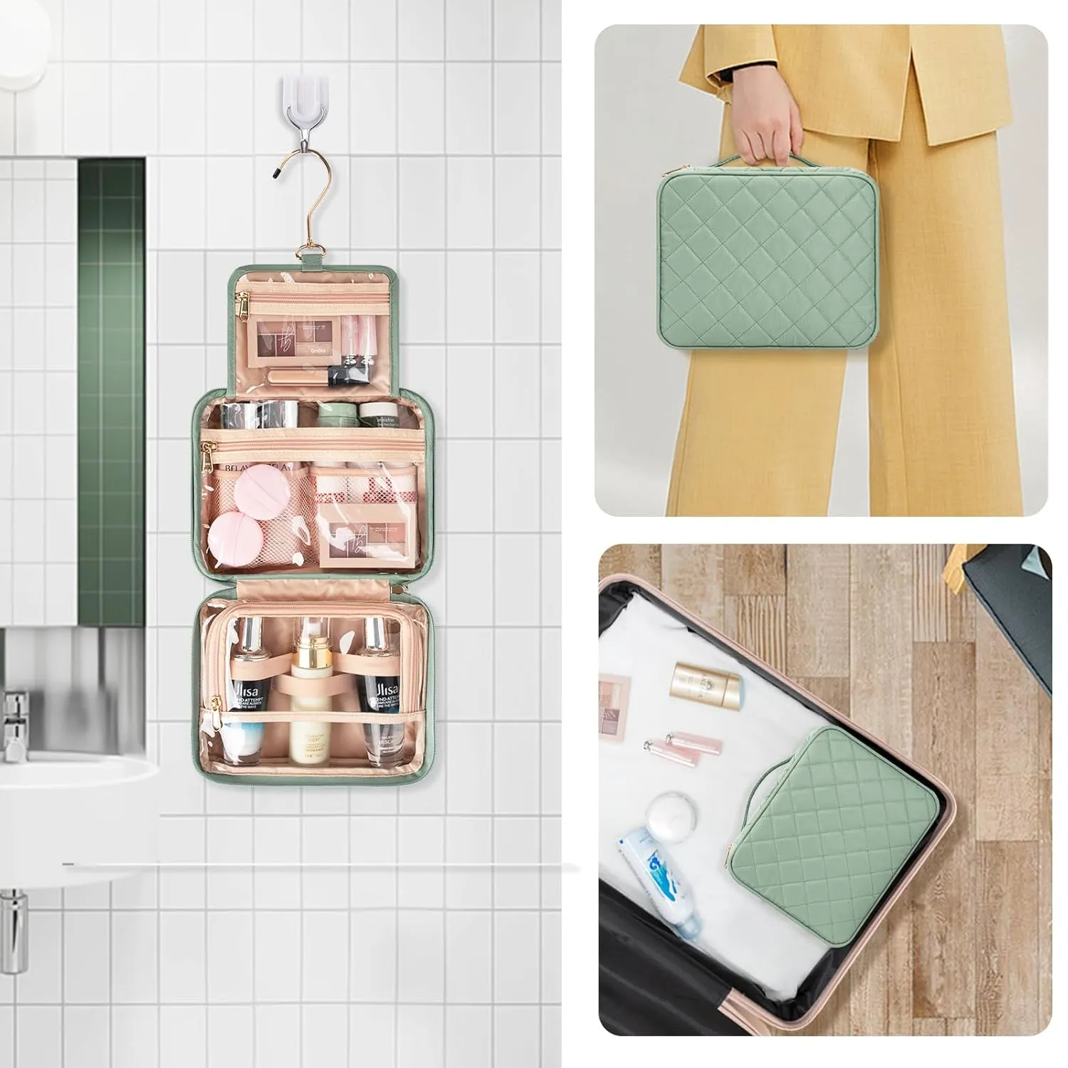 CUBETASTIC Hanging Travel Toiletry Bag, Green Makeup Organizer for Women Men, 3 Compartment Portable Cute Cosmetic Case Water-resistant Small Travel Bag for Toiletries