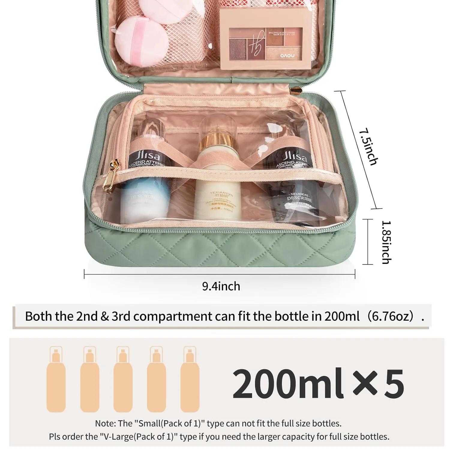 CUBETASTIC Hanging Travel Toiletry Bag, Green Makeup Organizer for Women Men, 3 Compartment Portable Cute Cosmetic Case Water-resistant Small Travel Bag for Toiletries