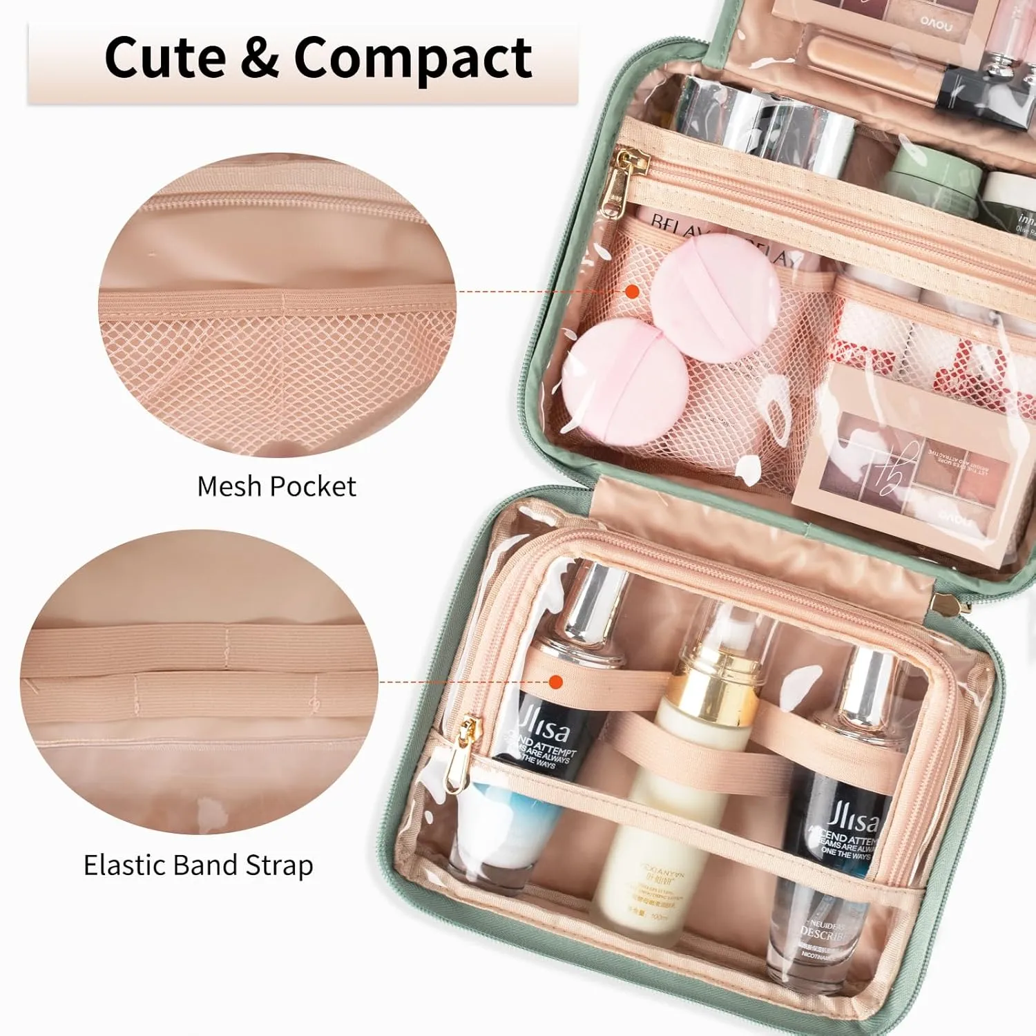 CUBETASTIC Hanging Travel Toiletry Bag, Green Makeup Organizer for Women Men, 3 Compartment Portable Cute Cosmetic Case Water-resistant Small Travel Bag for Toiletries