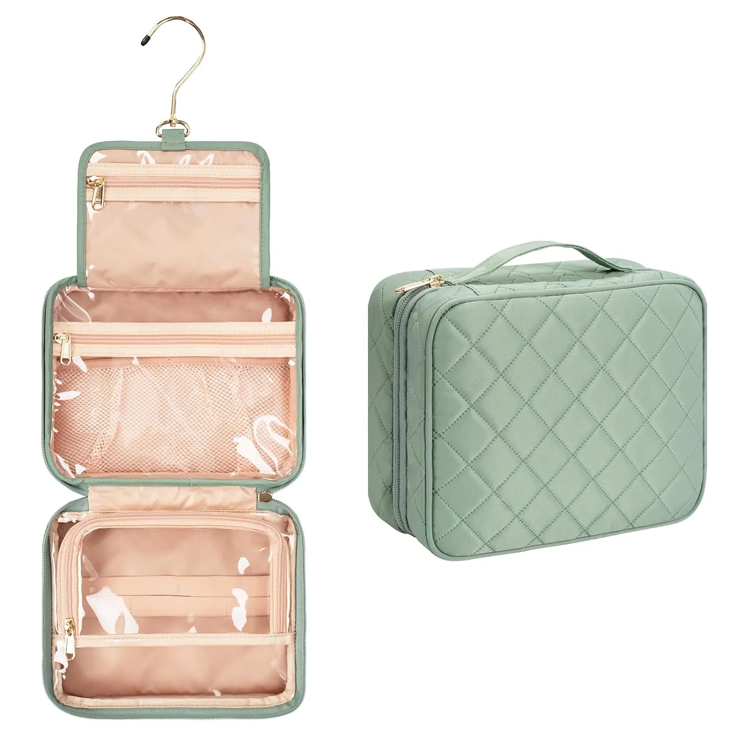 CUBETASTIC Hanging Travel Toiletry Bag, Green Makeup Organizer for Women Men, 3 Compartment Portable Cute Cosmetic Case Water-resistant Small Travel Bag for Toiletries