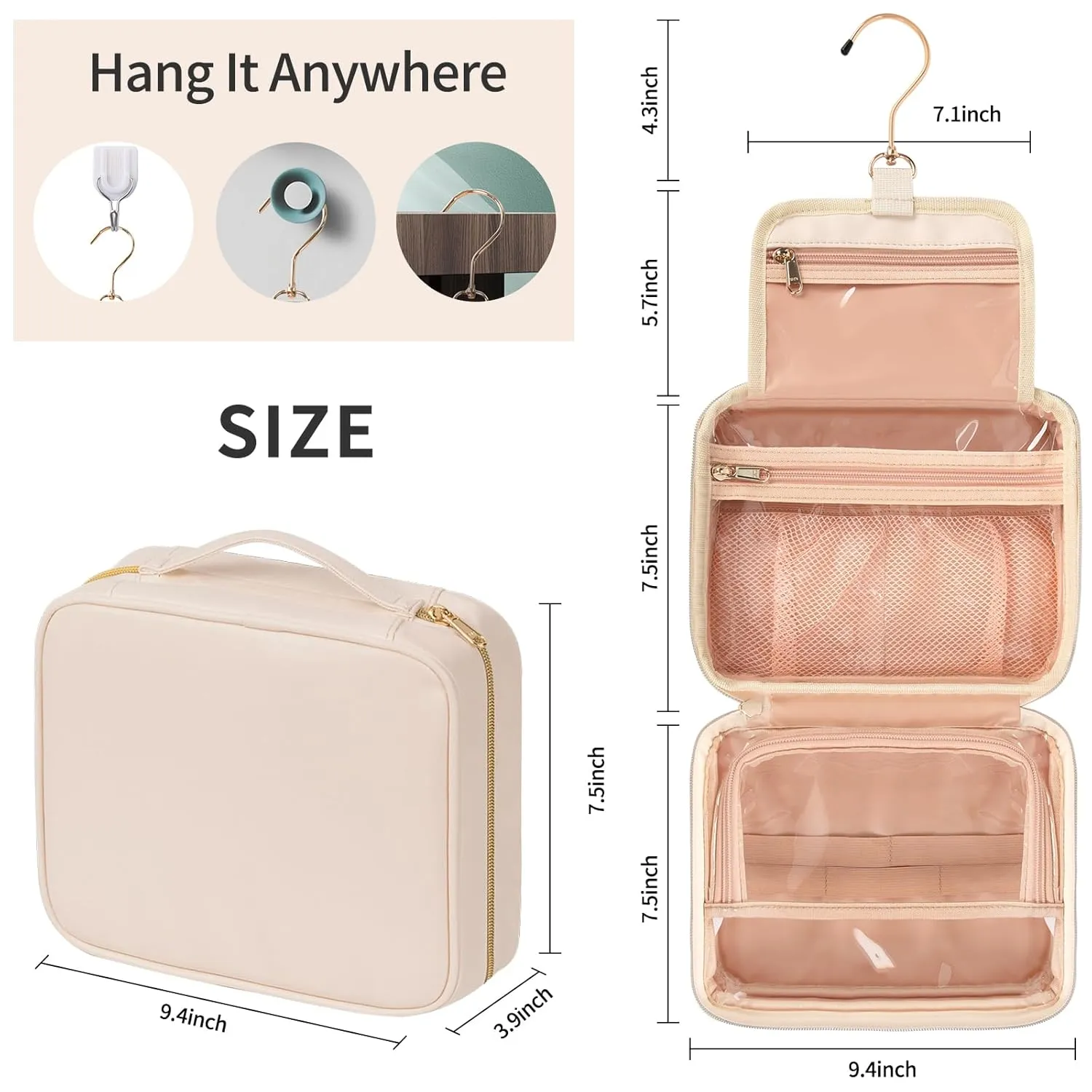 CUBETASTIC Travel Toiletry Bag, Portable Makeup Bag with Hanging Hook Waterproof Cosmetic Organizer Case 3 Compartment Leather Pouch for Toiletries