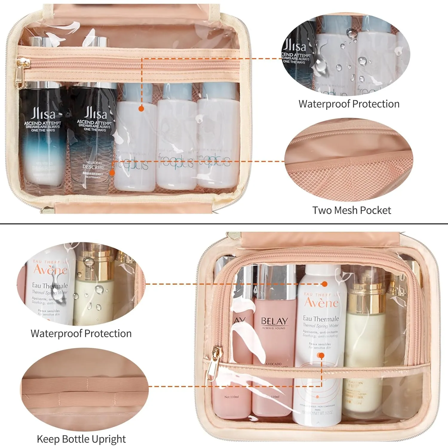 CUBETASTIC Travel Toiletry Bag, Portable Makeup Bag with Hanging Hook Waterproof Cosmetic Organizer Case 3 Compartment Leather Pouch for Toiletries