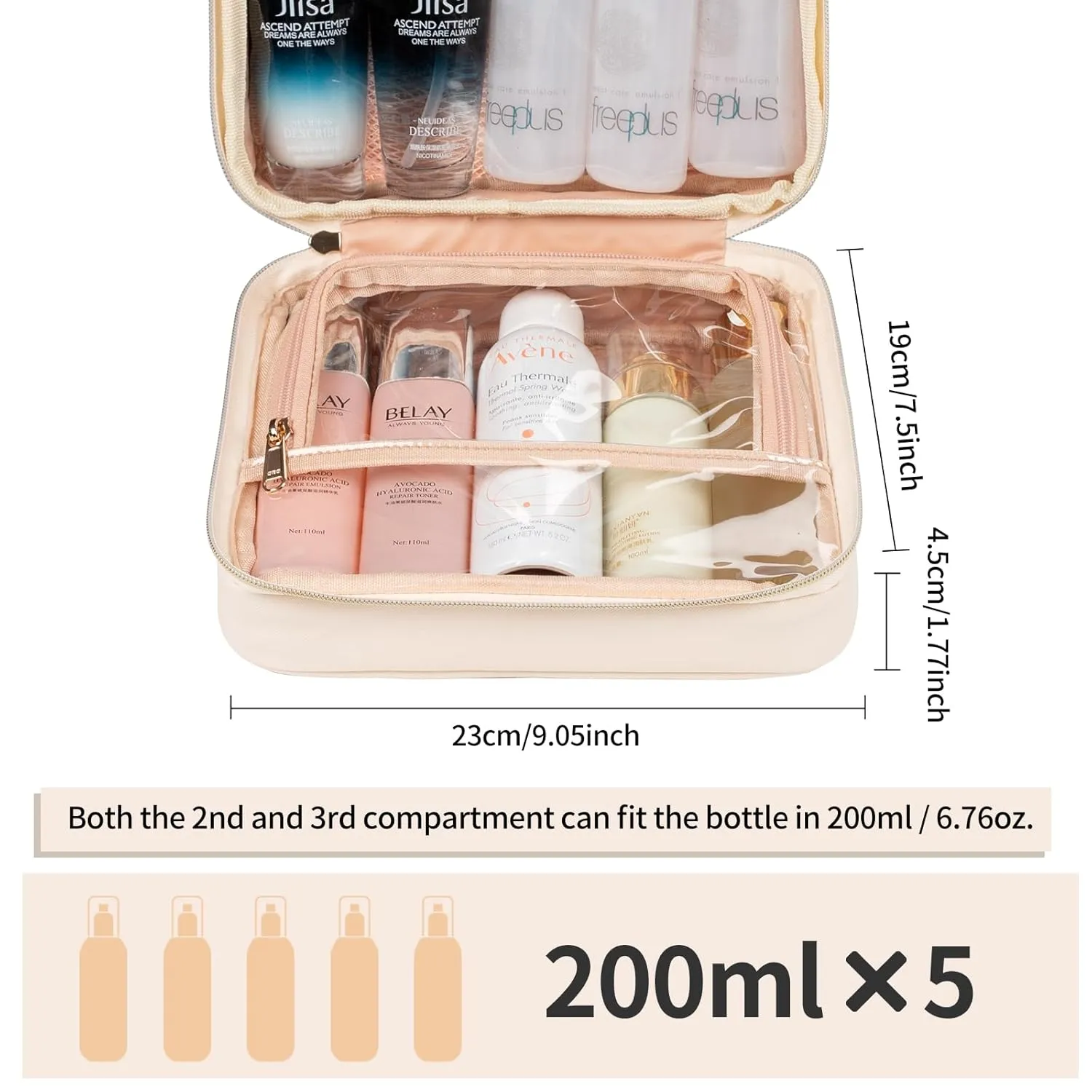 CUBETASTIC Travel Toiletry Bag, Portable Makeup Bag with Hanging Hook Waterproof Cosmetic Organizer Case 3 Compartment Leather Pouch for Toiletries