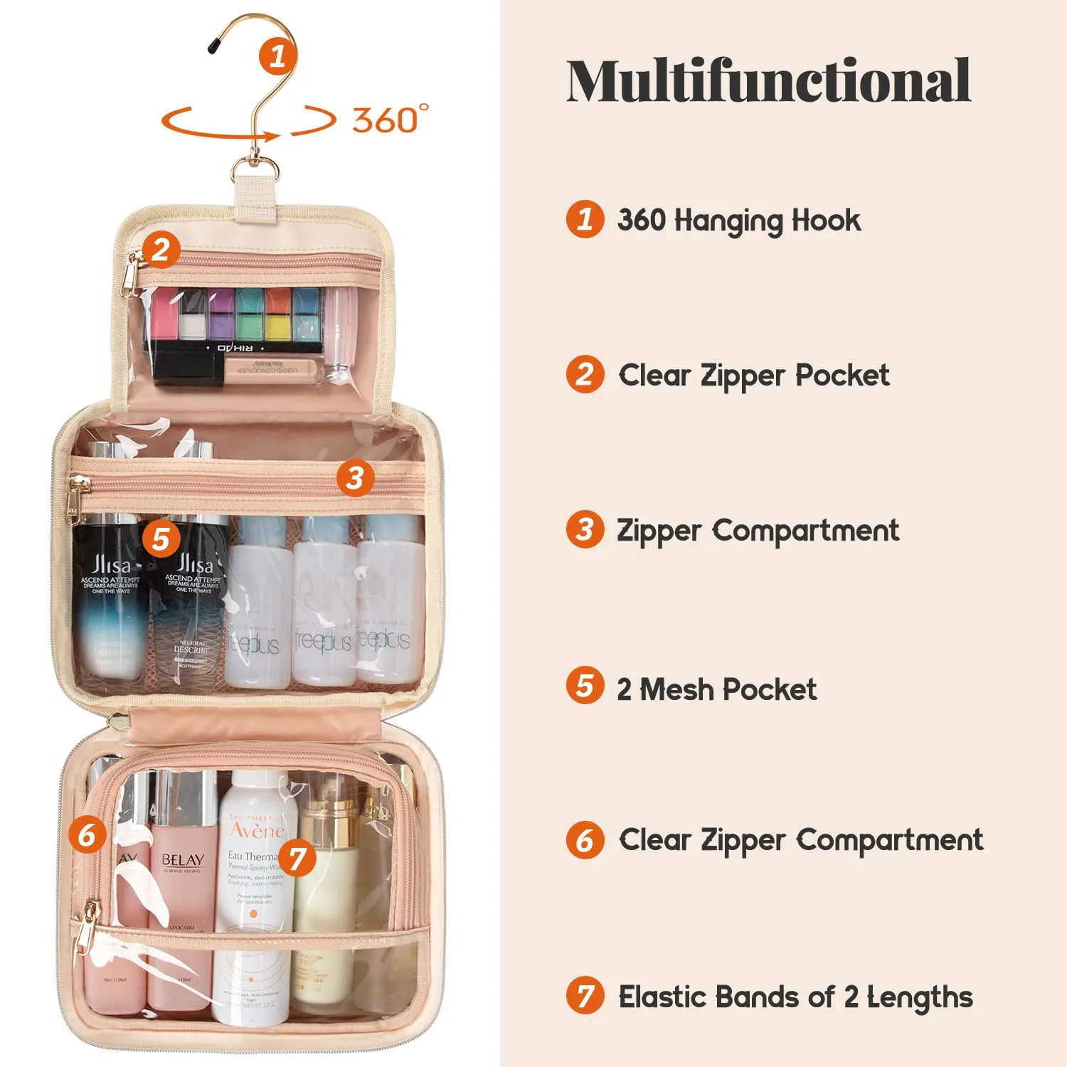 CUBETASTIC Travel Toiletry Bag, Portable Makeup Bag with Hanging Hook Waterproof Cosmetic Organizer Case 3 Compartment Leather Pouch for Toiletries