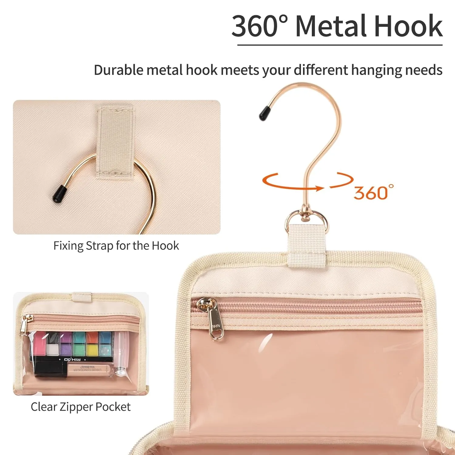 CUBETASTIC Travel Toiletry Bag, Portable Makeup Bag with Hanging Hook Waterproof Cosmetic Organizer Case 3 Compartment Leather Pouch for Toiletries