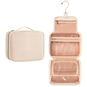 CUBETASTIC Travel Toiletry Bag, Portable Makeup Bag with Hanging Hook Waterproof Cosmetic Organizer Case 3 Compartment Leather Pouch for Toiletries