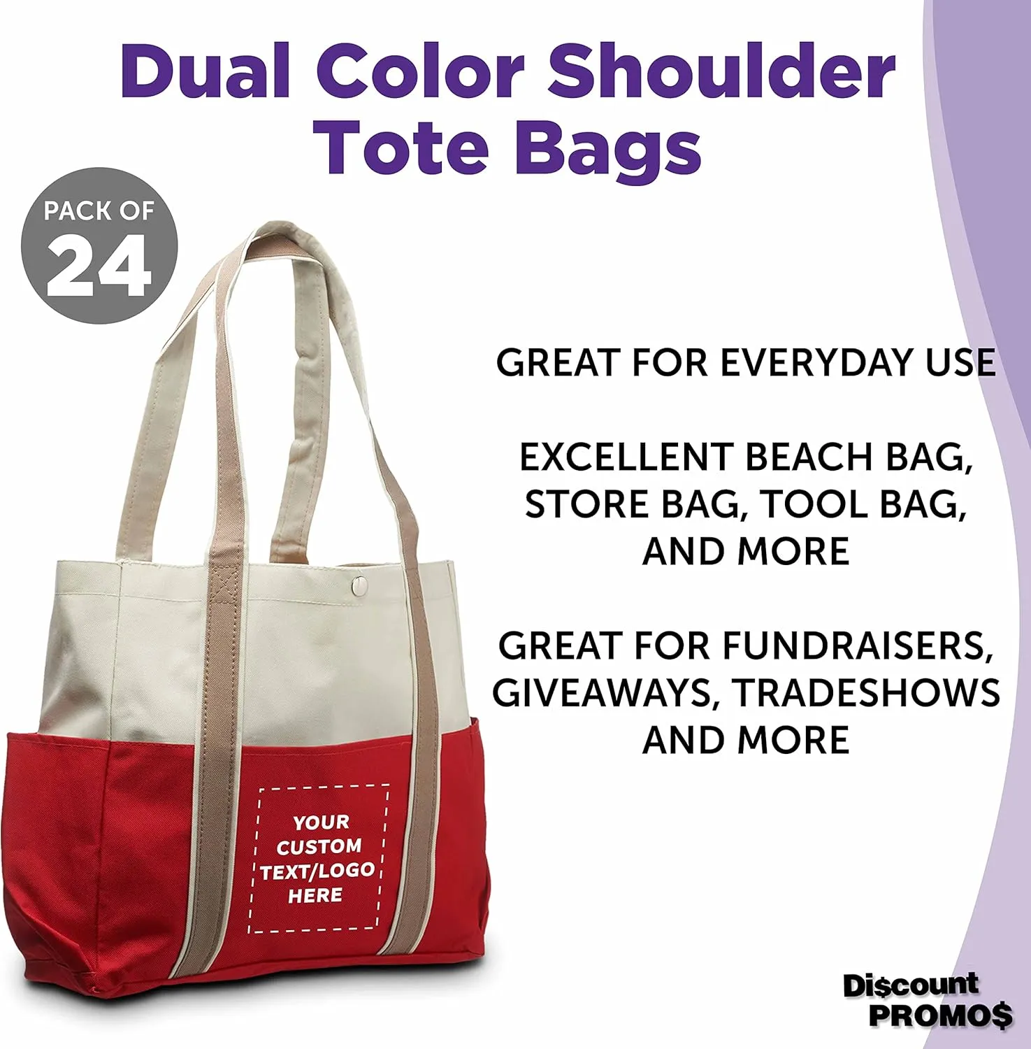 Custom Dual Color Shoulder Tote Bags Set of 24, Personalized Bulk Pack - Cool Modern Design, Perfect For Everyday Use - Red
