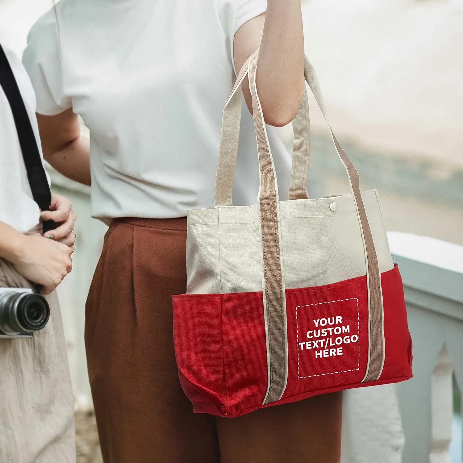 Custom Dual Color Shoulder Tote Bags Set of 24, Personalized Bulk Pack - Cool Modern Design, Perfect For Everyday Use - Red