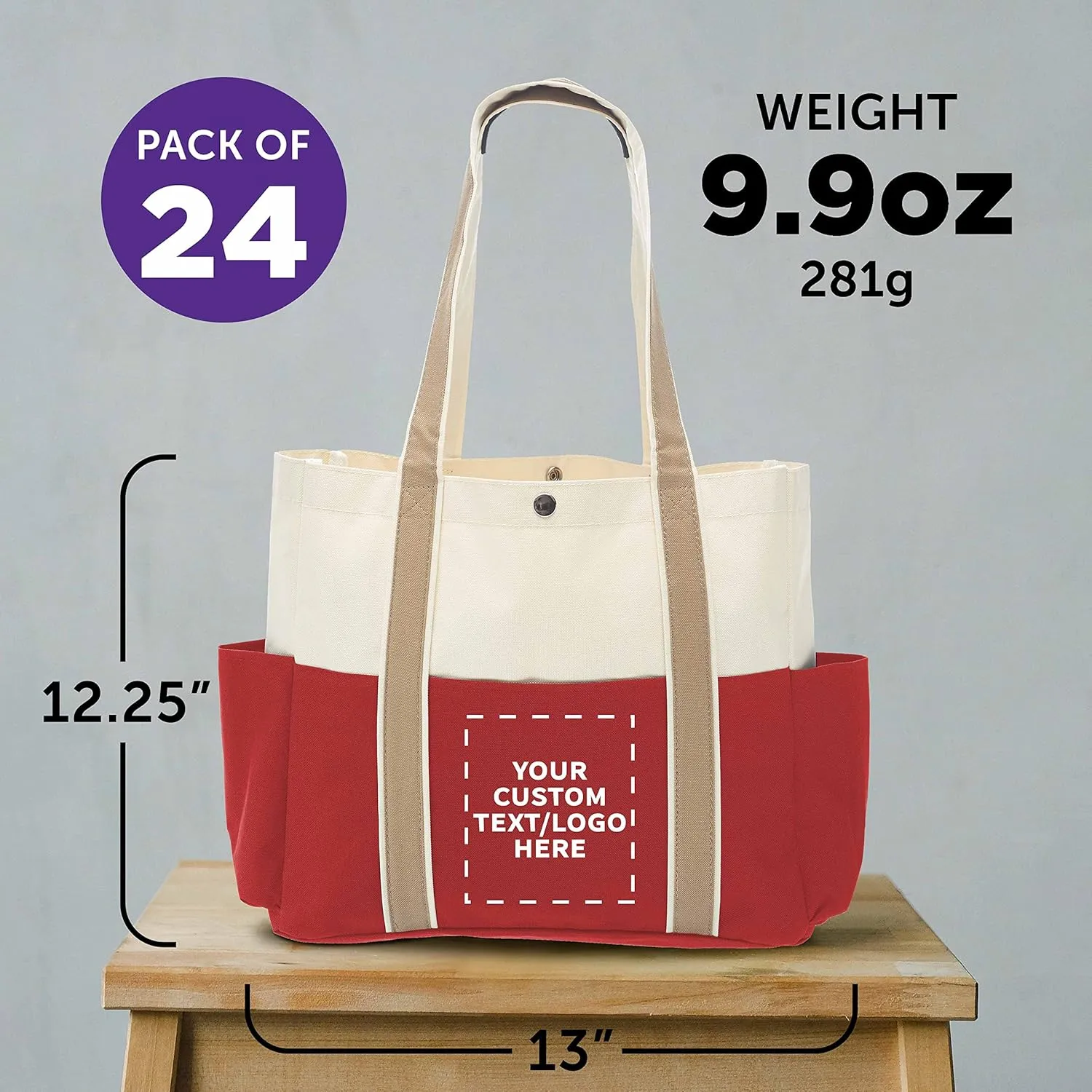 Custom Dual Color Shoulder Tote Bags Set of 24, Personalized Bulk Pack - Cool Modern Design, Perfect For Everyday Use - Red