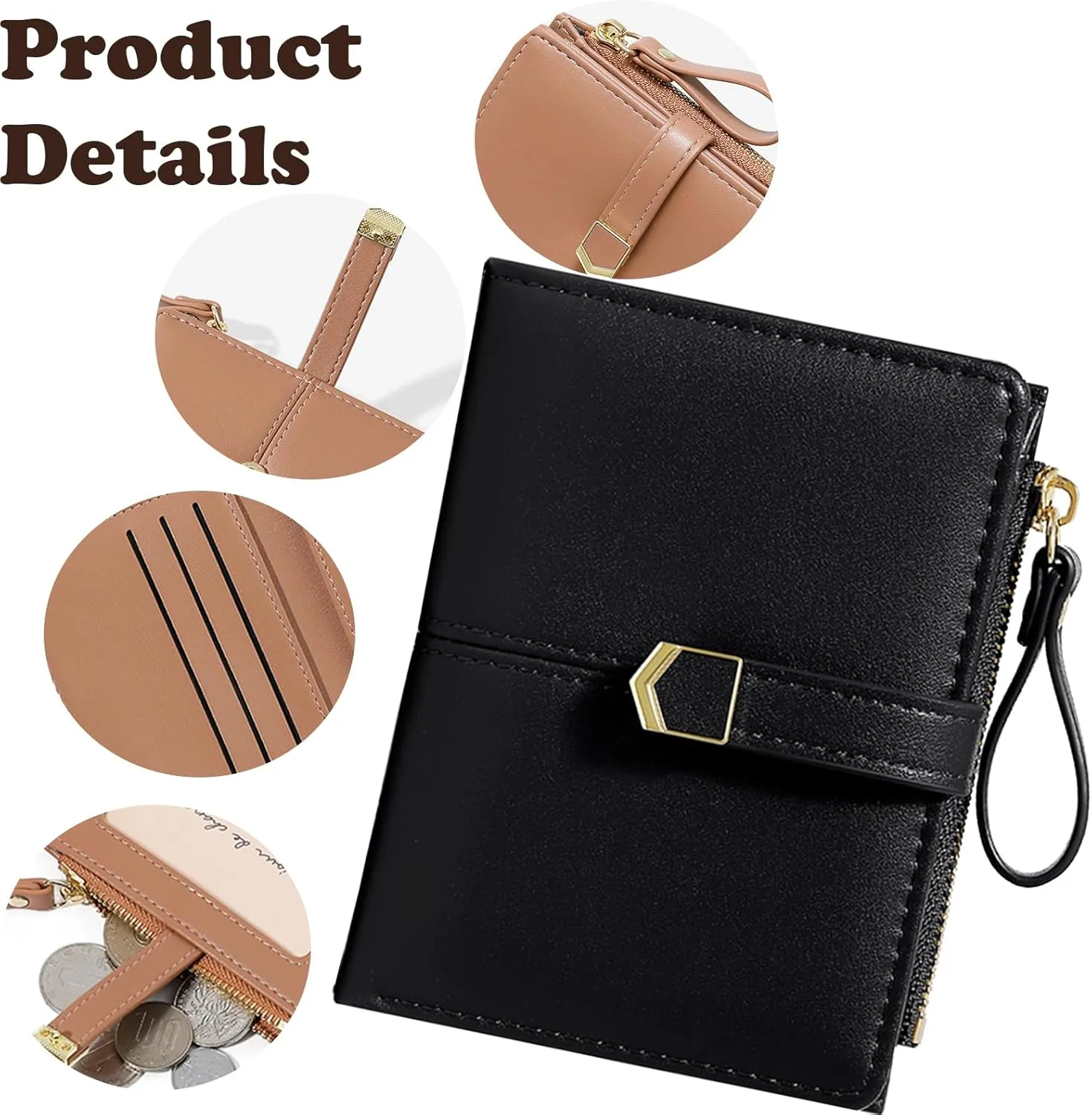 Cute Black Small Wallet for Women and Girls Minimalist Leather Coin Purse with Simple Buckle Kawaii Travel Wallet with ID Window Compact Cash Wallet for Ladies and Teens