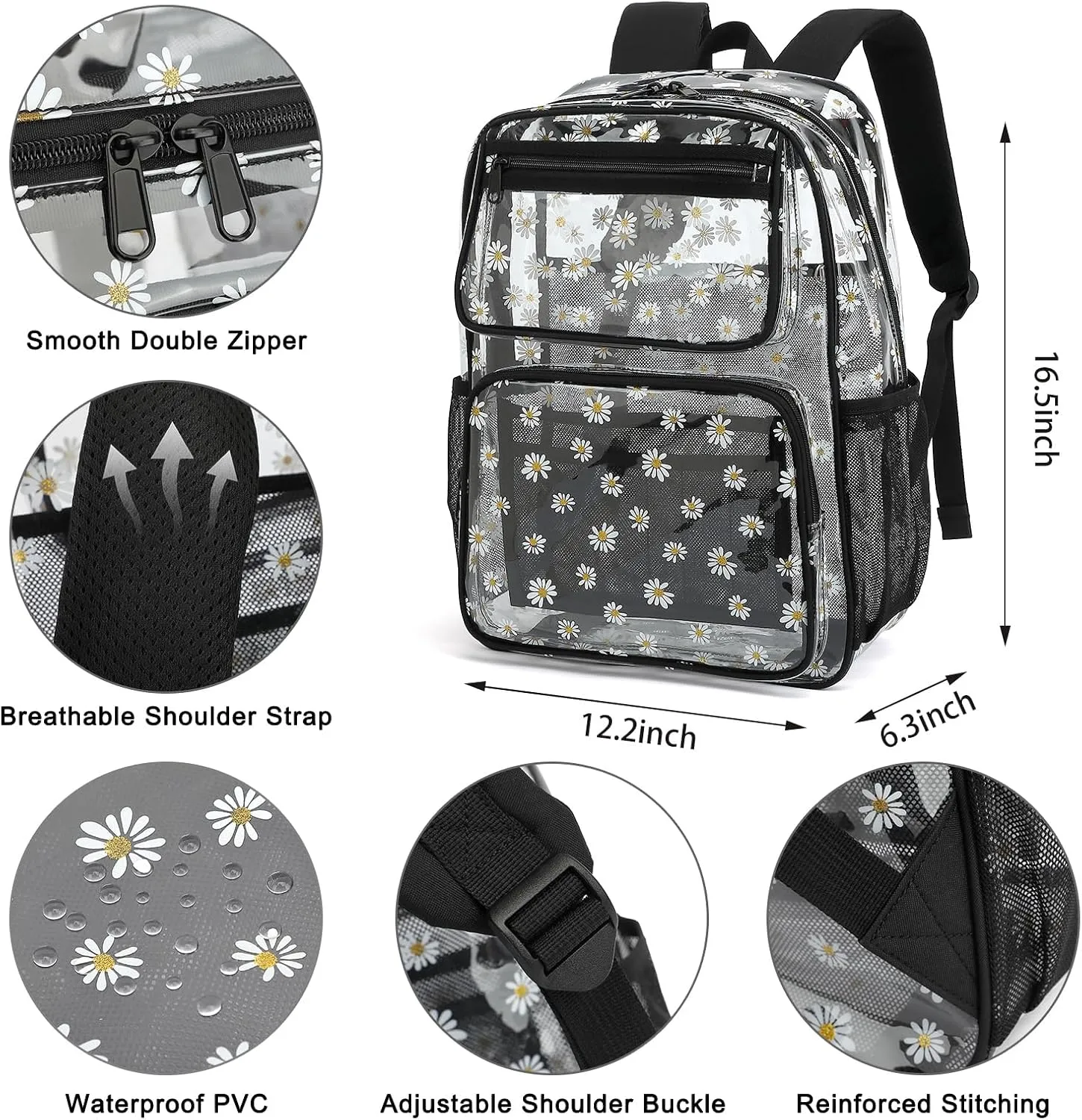 Daisy Clear Backpack for Girls Women, Heavy Duty Transparent School Backpack See Through Bookbag (Black)