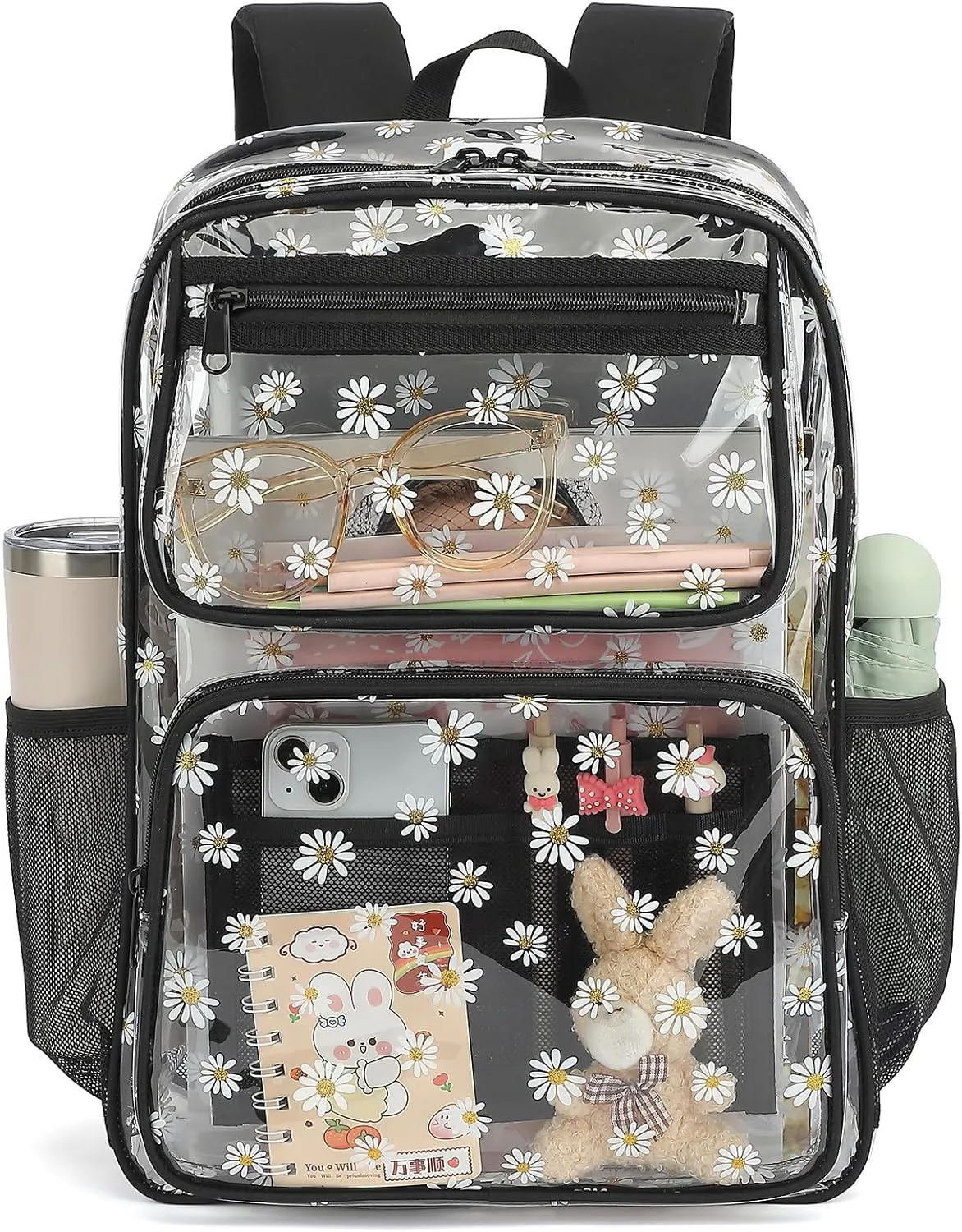 Daisy Clear Backpack for Girls Women, Heavy Duty Transparent School Backpack See Through Bookbag (Black)