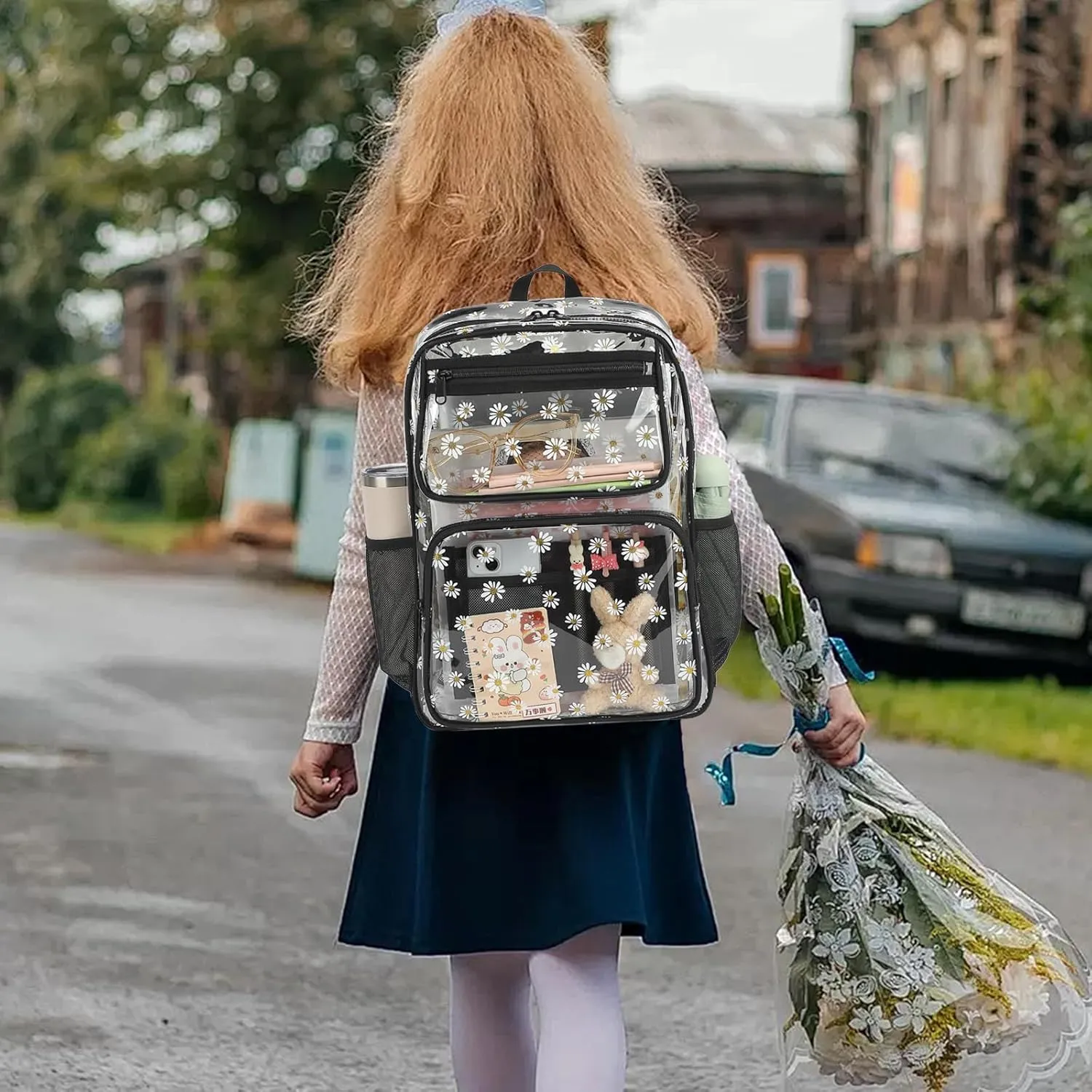 Daisy Clear Backpack for Girls Women, Heavy Duty Transparent School Backpack See Through Bookbag (Black)