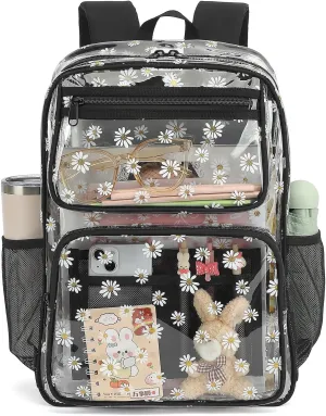 Daisy Clear Backpack for Girls Women, Heavy Duty Transparent School Backpack See Through Bookbag (Black)