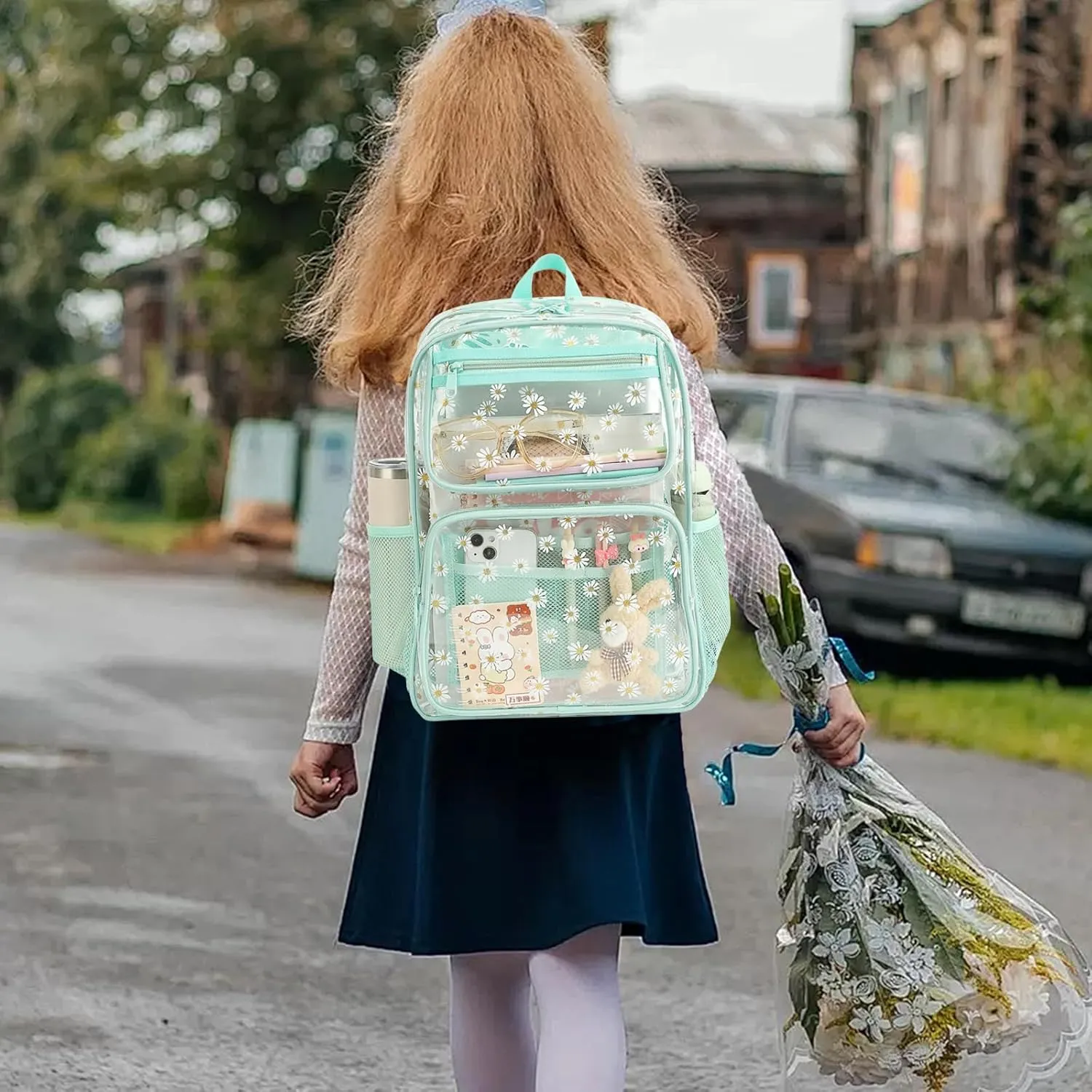 Daisy Clear Backpack for Girls Women, Heavy Duty Transparent School Backpack See Through Bookbag (Green)