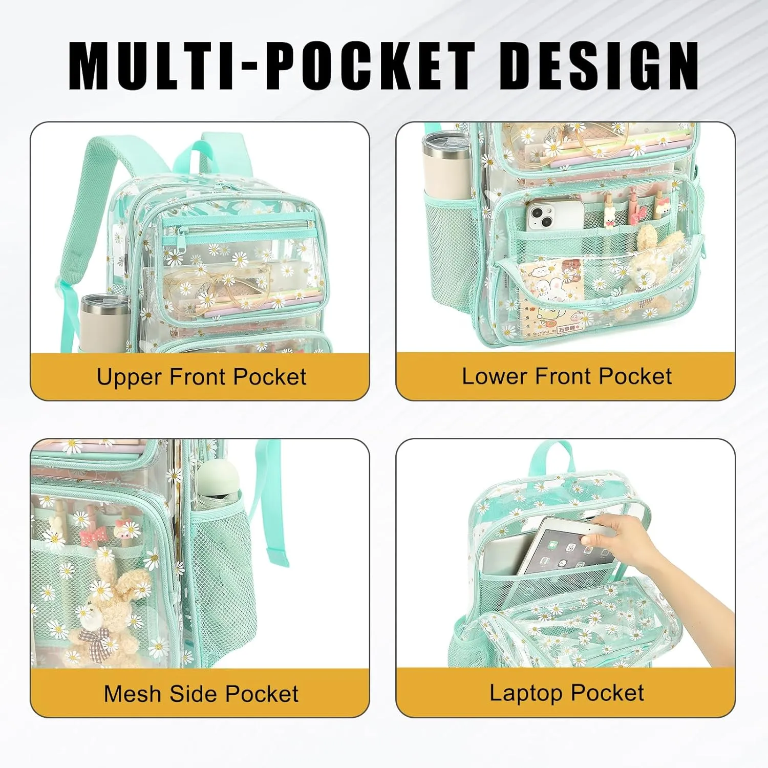 Daisy Clear Backpack for Girls Women, Heavy Duty Transparent School Backpack See Through Bookbag (Green)