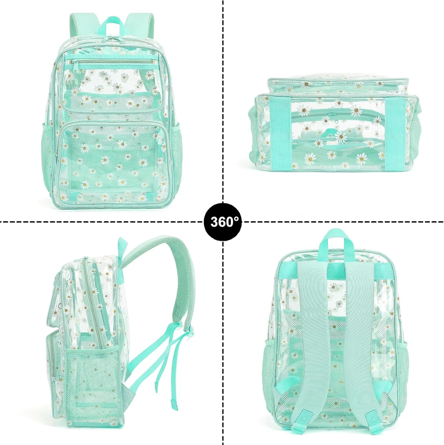 Daisy Clear Backpack for Girls Women, Heavy Duty Transparent School Backpack See Through Bookbag (Green)