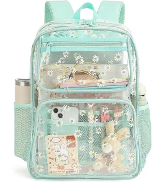 Daisy Clear Backpack for Girls Women, Heavy Duty Transparent School Backpack See Through Bookbag (Green)