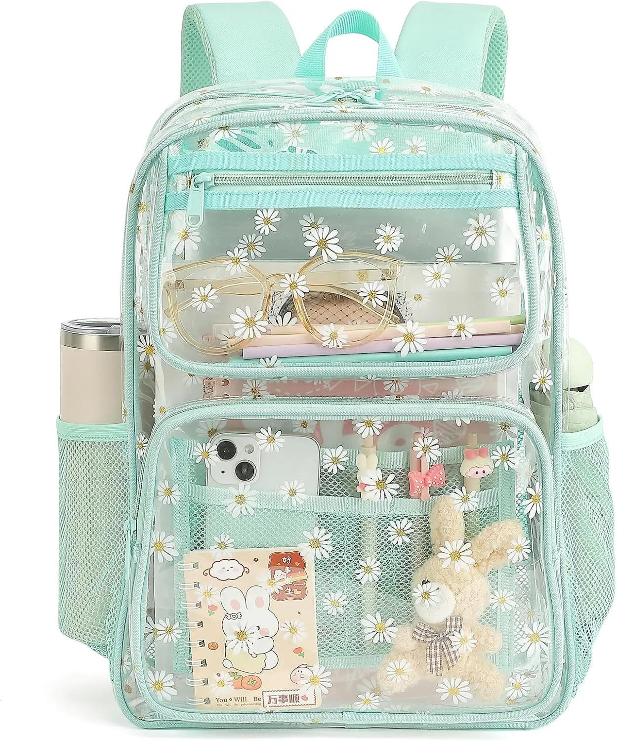 Daisy Clear Backpack for Girls Women, Heavy Duty Transparent School Backpack See Through Bookbag (Green)