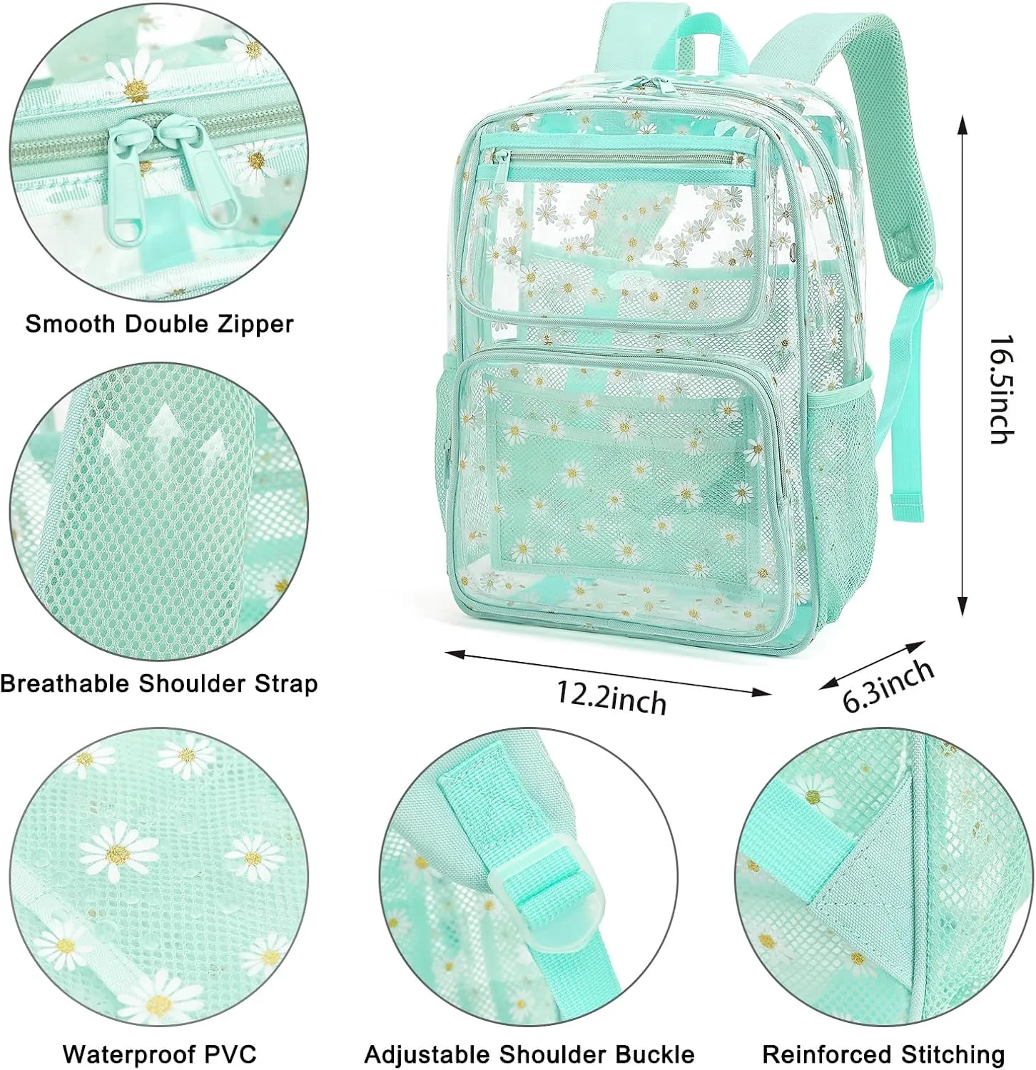 Daisy Clear Backpack for Girls Women, Heavy Duty Transparent School Backpack See Through Bookbag (Green)