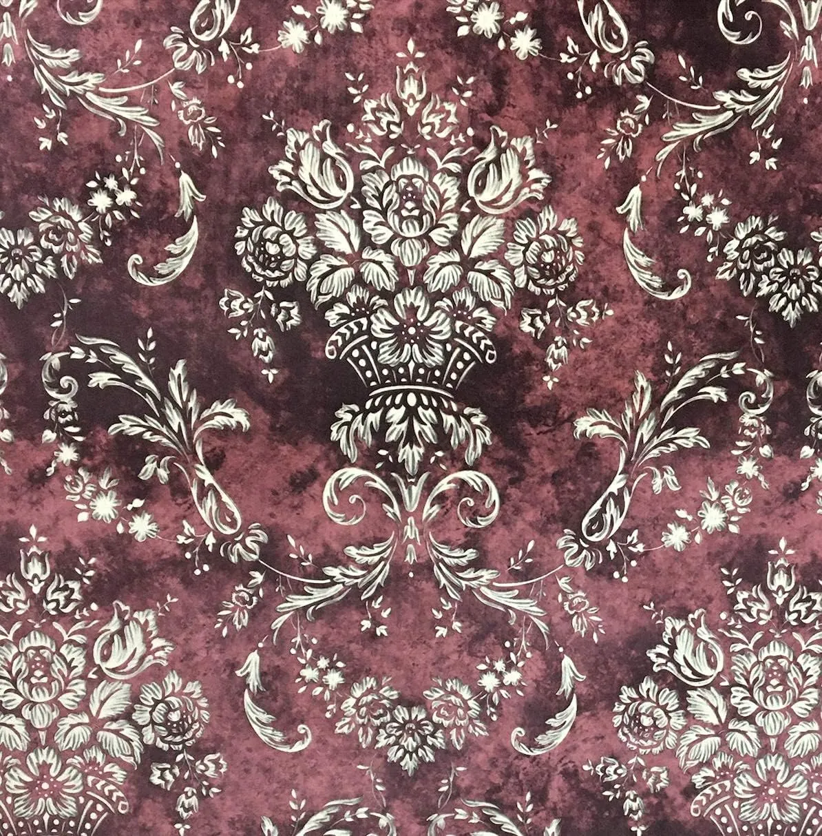 Damask Design Digitally Printed Velvet Finish Fabric for Upholstery, Chairs, Cushions, Window Treatments Crafts Rennaisance Rococo Victorian Style 54" Width by The Yard (Maroon)