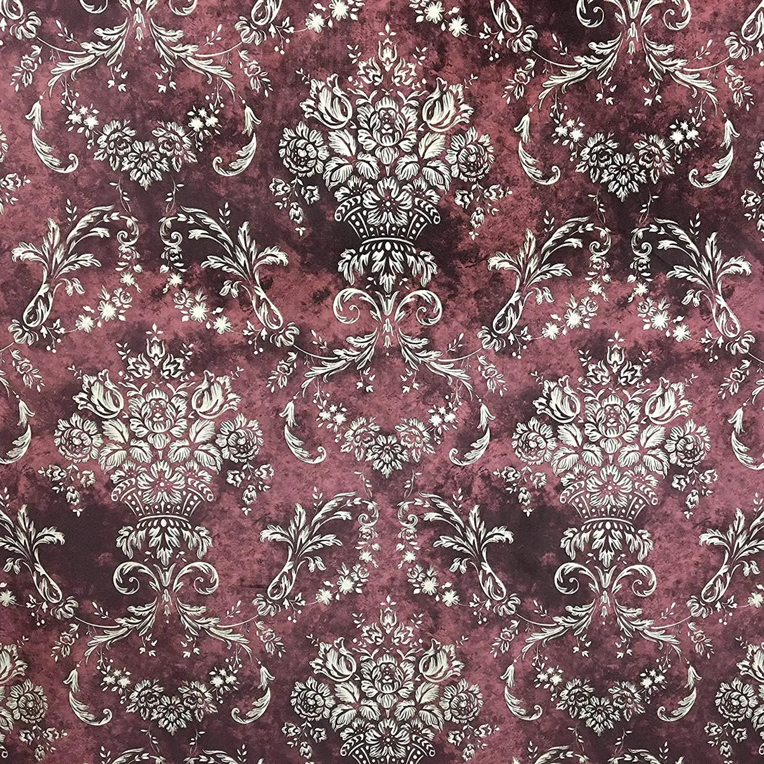 Damask Design Digitally Printed Velvet Finish Fabric for Upholstery, Chairs, Cushions, Window Treatments Crafts Rennaisance Rococo Victorian Style 54" Width by The Yard (Maroon)