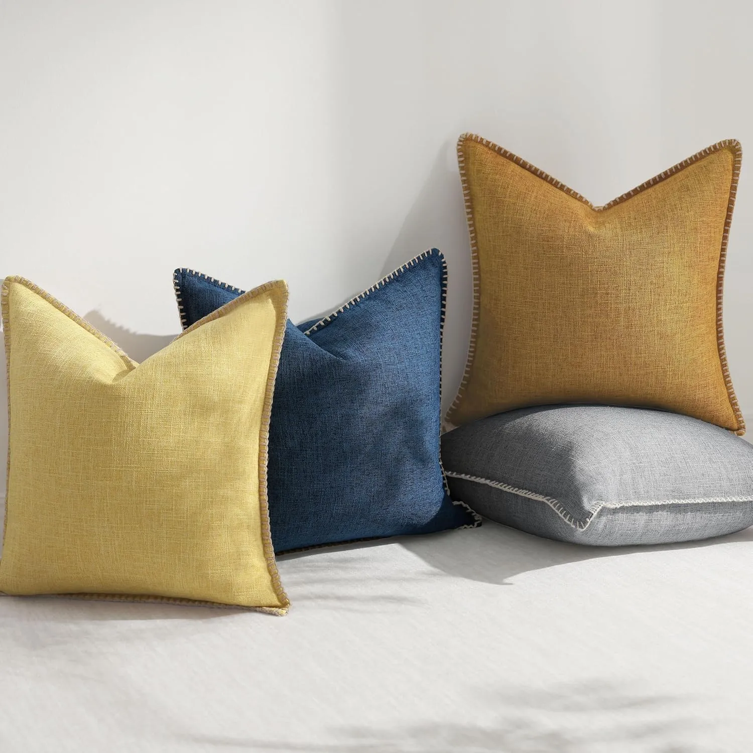 decorUhome Decorative Outdoor Throw Pillow Covers 18x18 Set of 2, Square Linen Rustic Neutral Farmhouse Pillow Covers with Stitched Edge for Couch, Sofa, Living Room, Mustard Yellow
