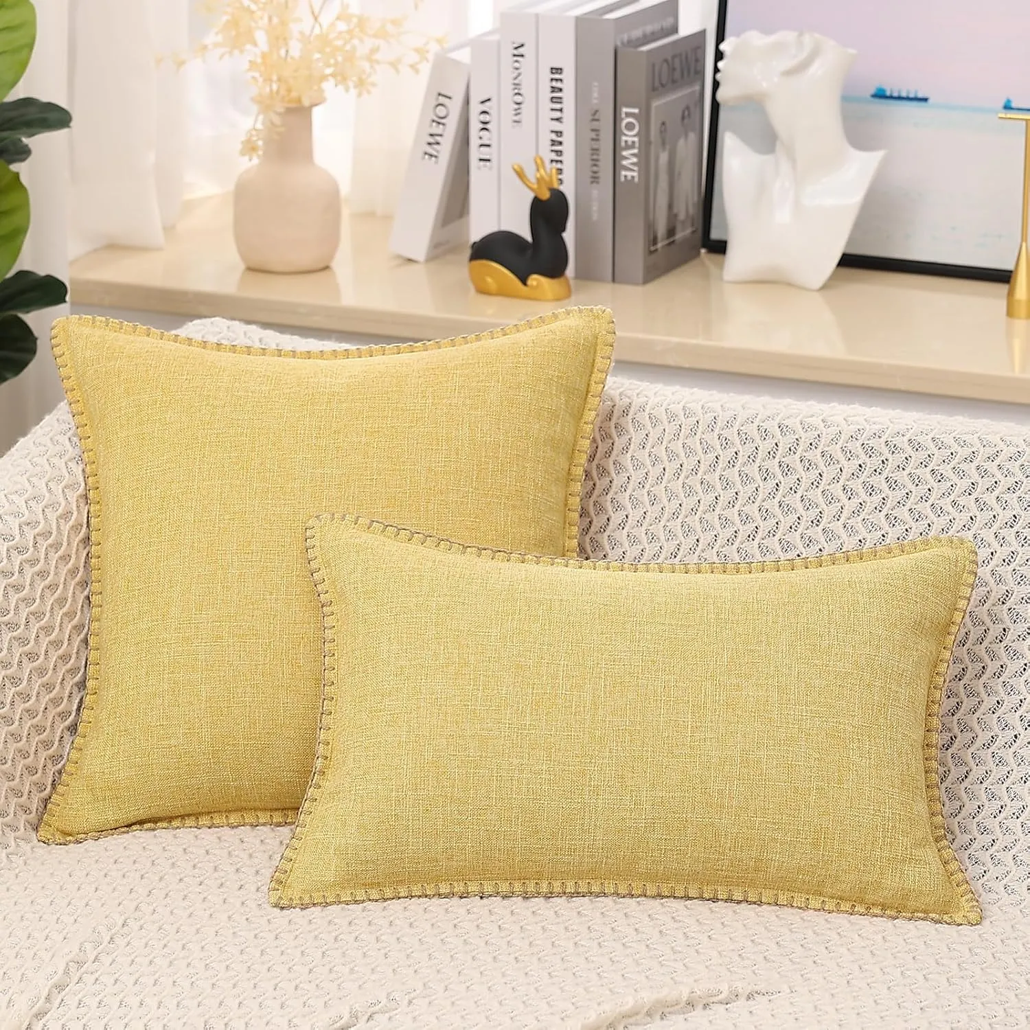 decorUhome Decorative Outdoor Throw Pillow Covers 18x18 Set of 2, Square Linen Rustic Neutral Farmhouse Pillow Covers with Stitched Edge for Couch, Sofa, Living Room, Mustard Yellow